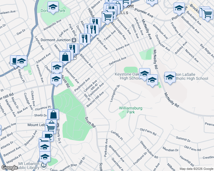 map of restaurants, bars, coffee shops, grocery stores, and more near 3093 Eastmont Avenue in Pittsburgh
