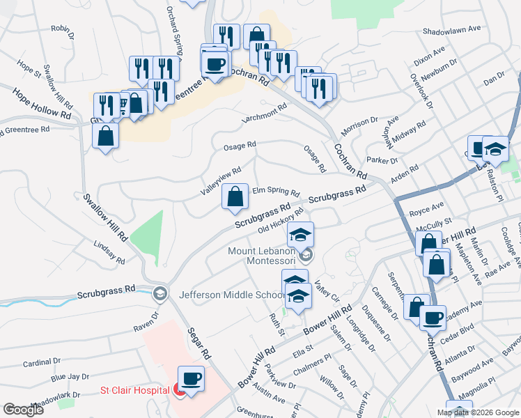 map of restaurants, bars, coffee shops, grocery stores, and more near 793 Elm Spring Road in Pittsburgh