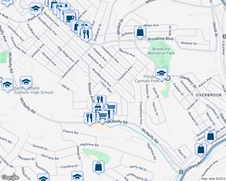 map of restaurants, bars, coffee shops, grocery stores, and more near 1408 Woodbourne Avenue in Pittsburgh