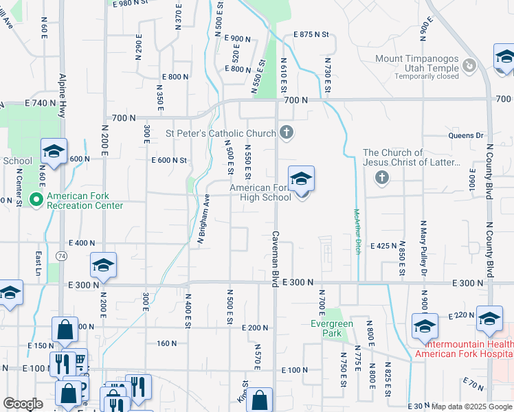 map of restaurants, bars, coffee shops, grocery stores, and more near 575 East 500 North in American Fork