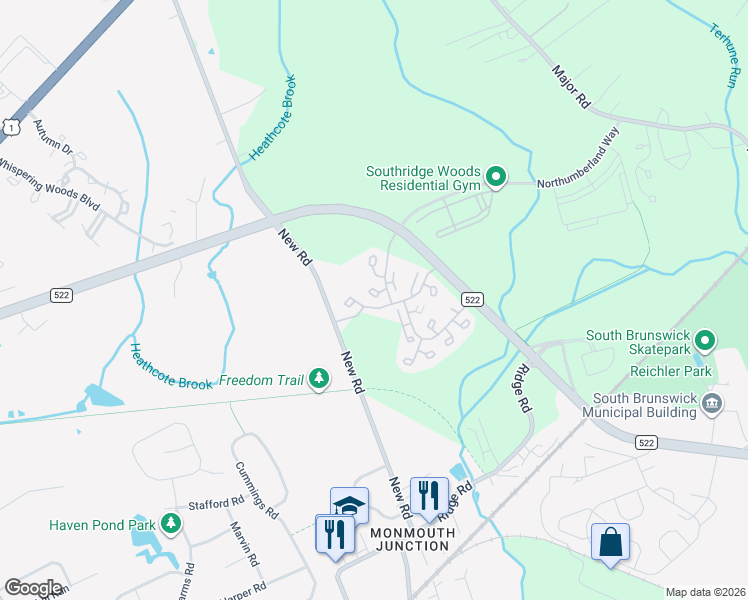 map of restaurants, bars, coffee shops, grocery stores, and more near 22 Azalea Court in South Brunswick Township