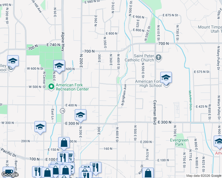 map of restaurants, bars, coffee shops, grocery stores, and more near 369 East 500 North in American Fork