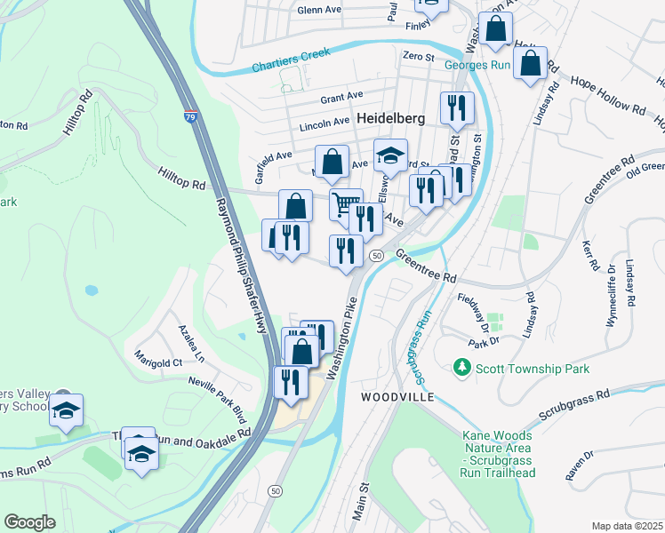 map of restaurants, bars, coffee shops, grocery stores, and more near Raceway Plaza Drive in Carnegie