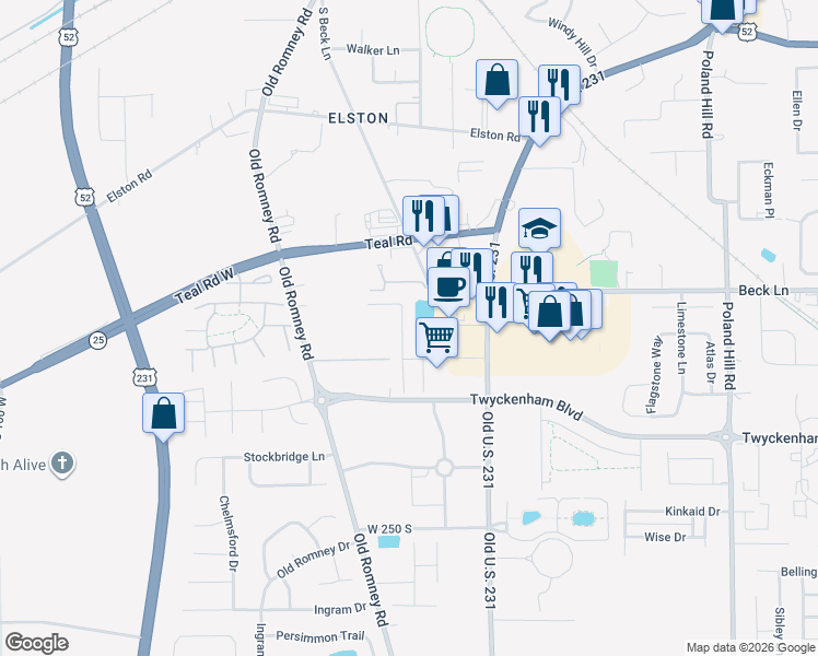 map of restaurants, bars, coffee shops, grocery stores, and more near 2817 Plaza Lane in Lafayette