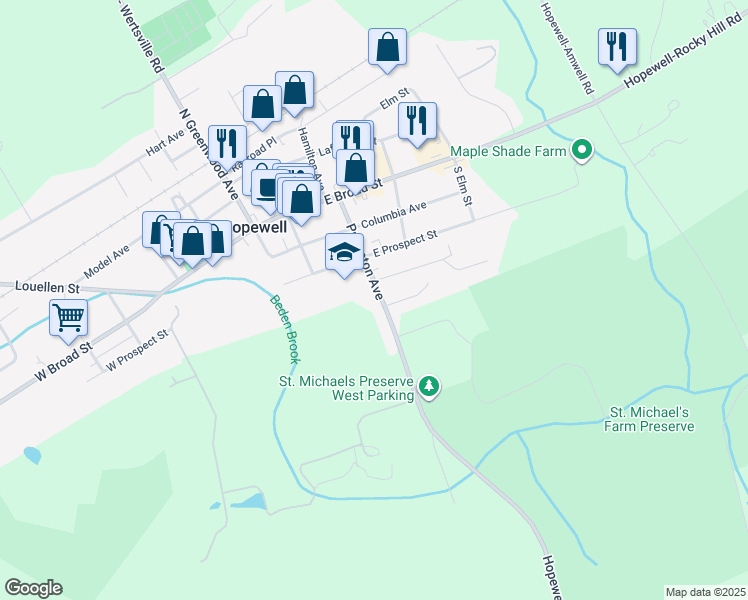 map of restaurants, bars, coffee shops, grocery stores, and more near 57 Princeton Avenue in Hopewell