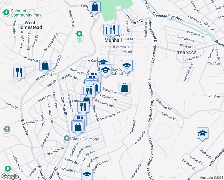 map of restaurants, bars, coffee shops, grocery stores, and more near 205 East Miller Avenue in Munhall