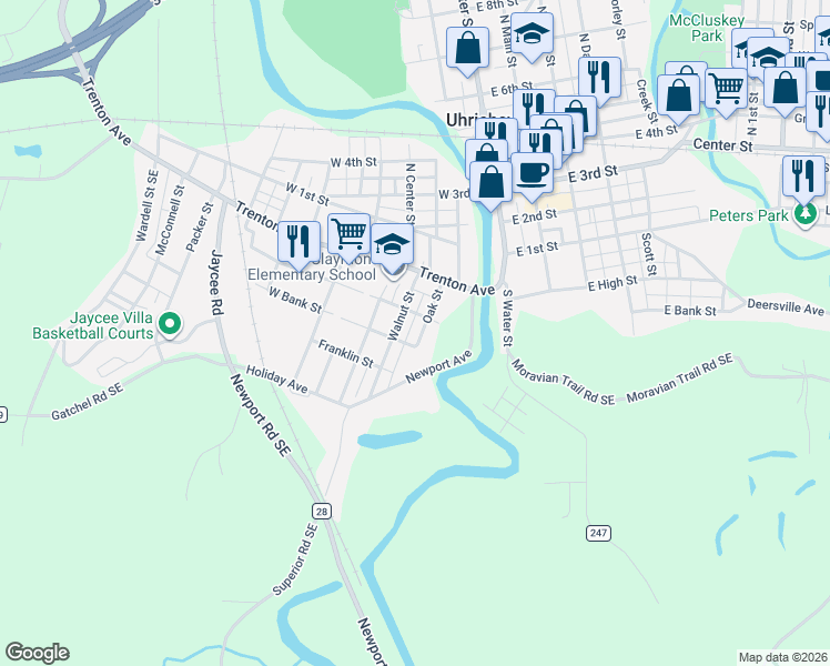 map of restaurants, bars, coffee shops, grocery stores, and more near 197 West High Street in Uhrichsville