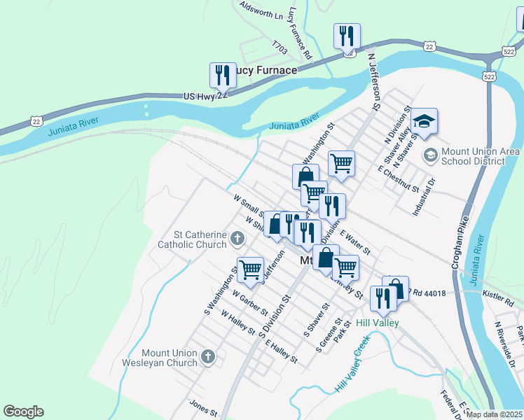 map of restaurants, bars, coffee shops, grocery stores, and more near 236 West Small Street in Mount Union