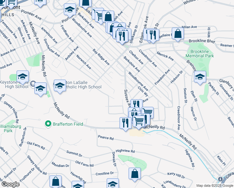 map of restaurants, bars, coffee shops, grocery stores, and more near 1057 Norwich Avenue in Pittsburgh