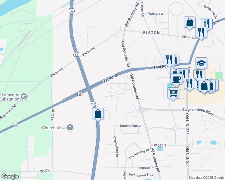 map of restaurants, bars, coffee shops, grocery stores, and more near 2905 Westchester Lane West in Lafayette