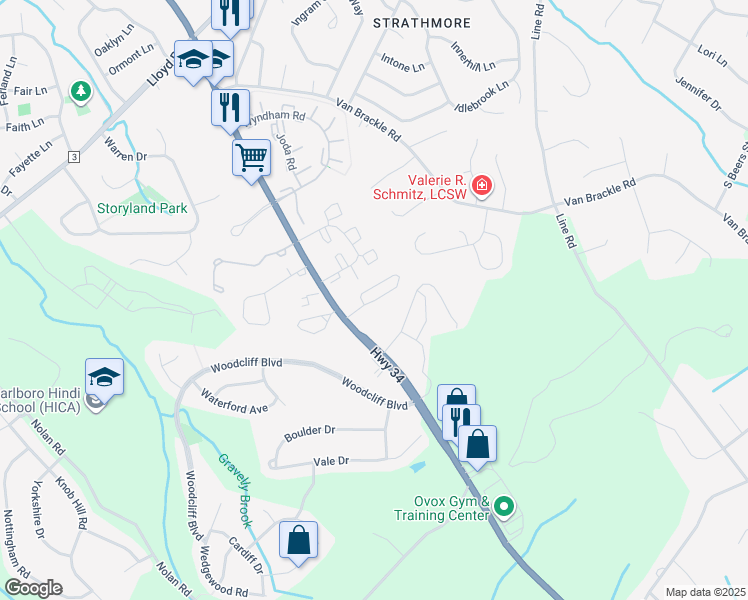 map of restaurants, bars, coffee shops, grocery stores, and more near White Oak Lane in Aberdeen Township