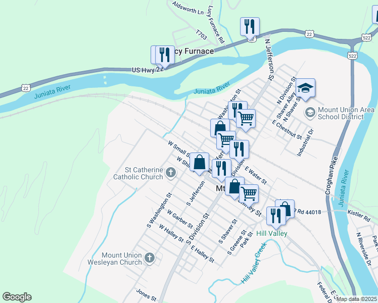 map of restaurants, bars, coffee shops, grocery stores, and more near 236 West Small Street in Mount Union
