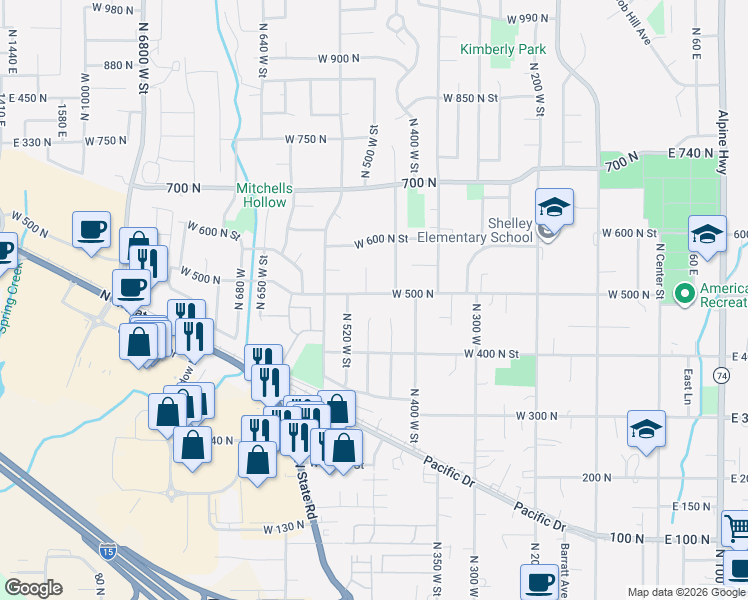 map of restaurants, bars, coffee shops, grocery stores, and more near 533 North 490 West Circle in American Fork