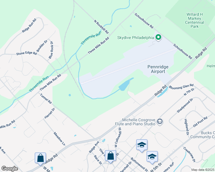 map of restaurants, bars, coffee shops, grocery stores, and more near Three Mile Run Road in Bucks County