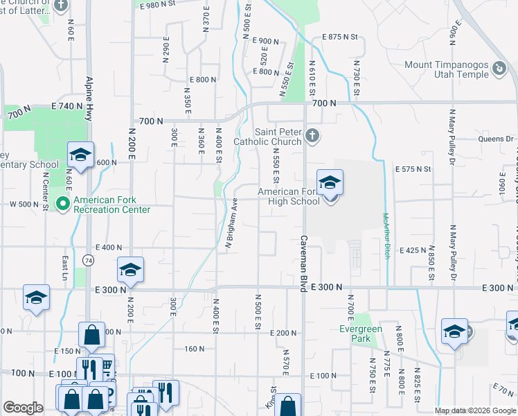map of restaurants, bars, coffee shops, grocery stores, and more near 504 500 East in American Fork