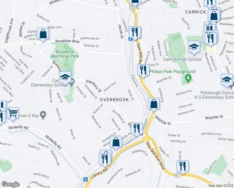 map of restaurants, bars, coffee shops, grocery stores, and more near 251 Vineland Street in Pittsburgh