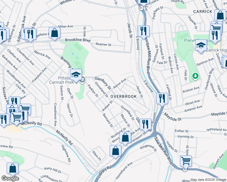 map of restaurants, bars, coffee shops, grocery stores, and more near 2205 Glenbury Street in Pittsburgh