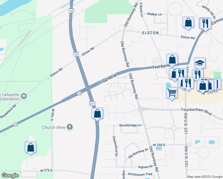 map of restaurants, bars, coffee shops, grocery stores, and more near 2905 Westchester Lane West in Lafayette