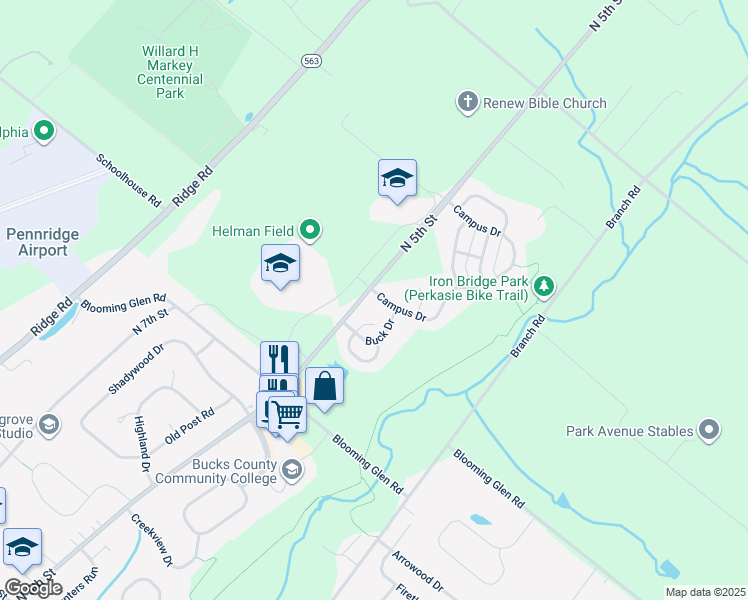 map of restaurants, bars, coffee shops, grocery stores, and more near 396 Campus Drive in Perkasie