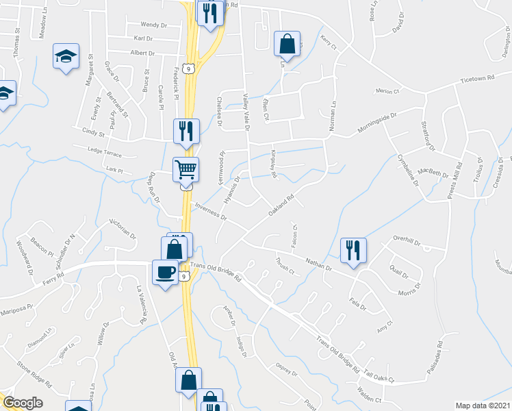map of restaurants, bars, coffee shops, grocery stores, and more near 11 Glenmere Place in Old Bridge
