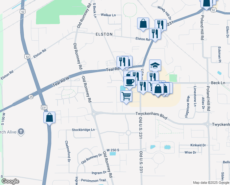 map of restaurants, bars, coffee shops, grocery stores, and more near 2715 Plaza Lane in Lafayette