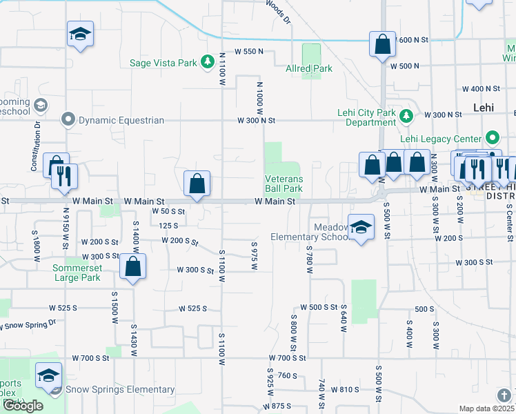 map of restaurants, bars, coffee shops, grocery stores, and more near 1035 West Main Street in Lehi