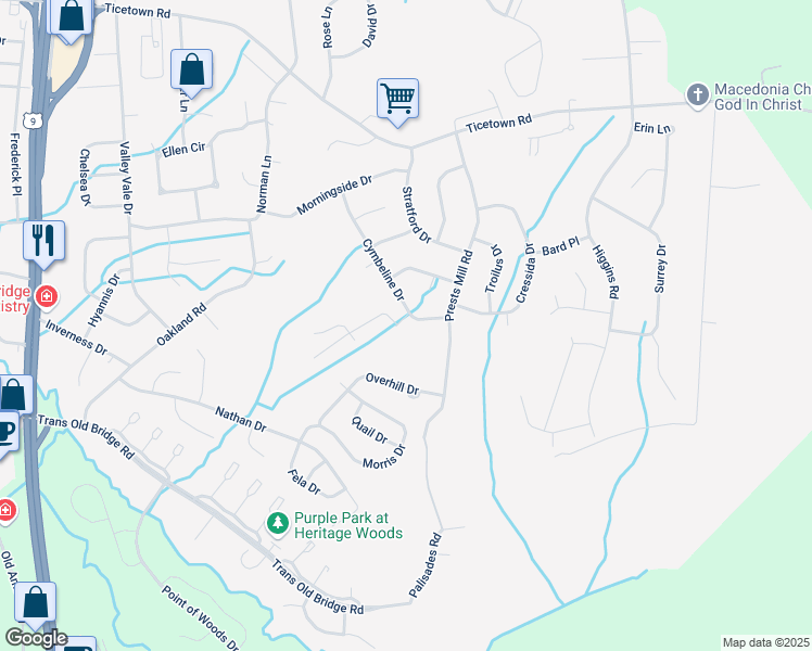 map of restaurants, bars, coffee shops, grocery stores, and more near 31 Cymbeline Drive in Old Bridge Township