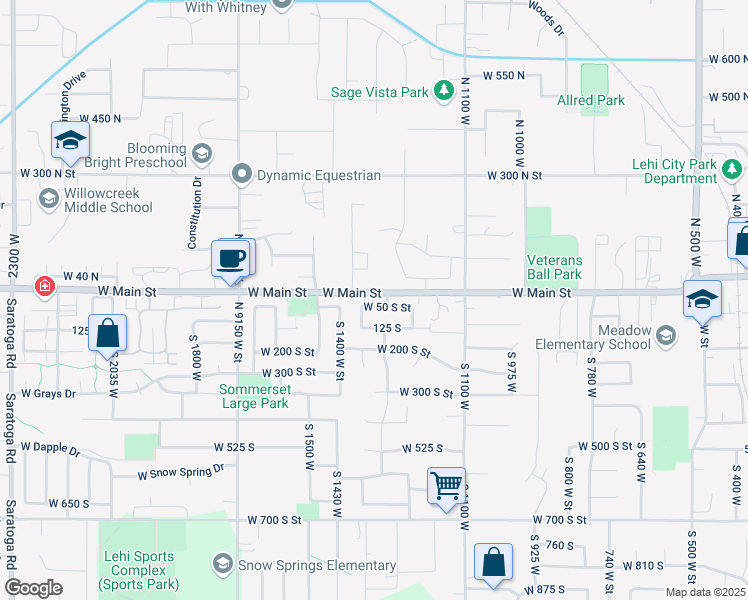 map of restaurants, bars, coffee shops, grocery stores, and more near 1324 West 50 South Street in Lehi
