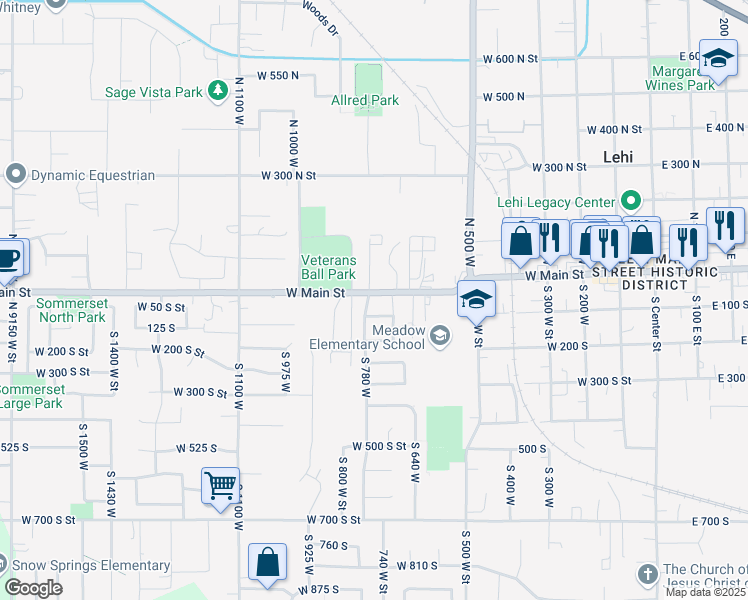 map of restaurants, bars, coffee shops, grocery stores, and more near 744 West Main Street in Lehi