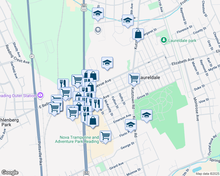 map of restaurants, bars, coffee shops, grocery stores, and more near 3421 Fulton Street in Reading