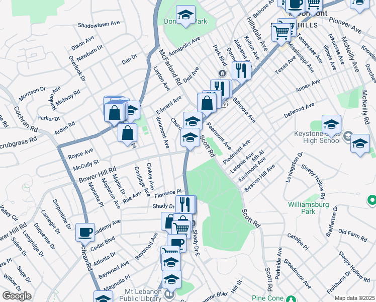 map of restaurants, bars, coffee shops, grocery stores, and more near 401 Washington Road in Pittsburgh