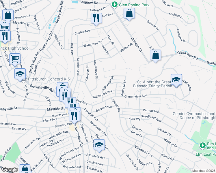 map of restaurants, bars, coffee shops, grocery stores, and more near 2935 Wildwood Street in Pittsburgh