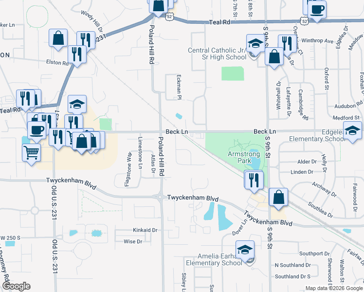 map of restaurants, bars, coffee shops, grocery stores, and more near 506 Dorsett Drive in Lafayette