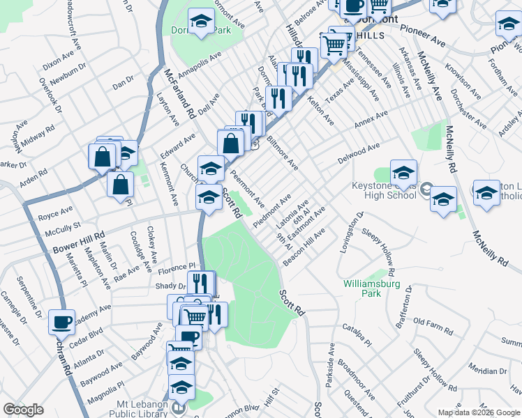 map of restaurants, bars, coffee shops, grocery stores, and more near 1148 Peermont Avenue in Pittsburgh
