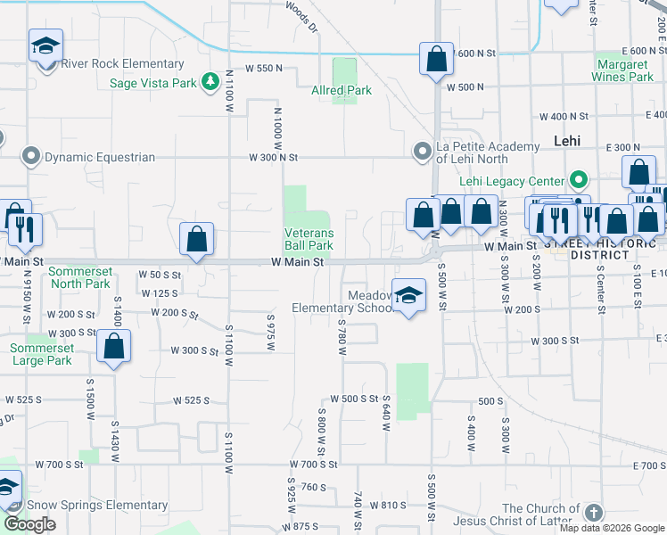 map of restaurants, bars, coffee shops, grocery stores, and more near 797 West Main Street in Lehi