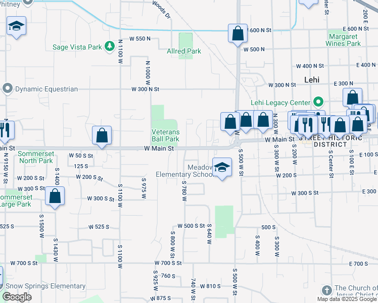 map of restaurants, bars, coffee shops, grocery stores, and more near 744 West Main Street in Lehi