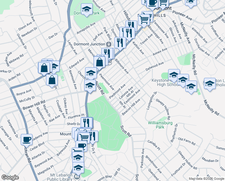 map of restaurants, bars, coffee shops, grocery stores, and more near 1148 Peermont Avenue in Pittsburgh