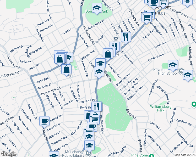 map of restaurants, bars, coffee shops, grocery stores, and more near 255 Washington Road in Pittsburgh