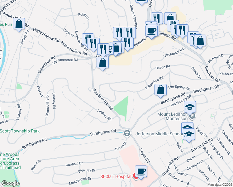 map of restaurants, bars, coffee shops, grocery stores, and more near 924 Valleyview Road in Pittsburgh