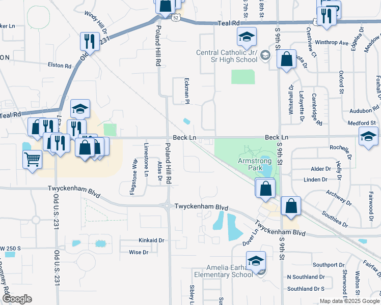 map of restaurants, bars, coffee shops, grocery stores, and more near 2807 Duroc Drive in Lafayette