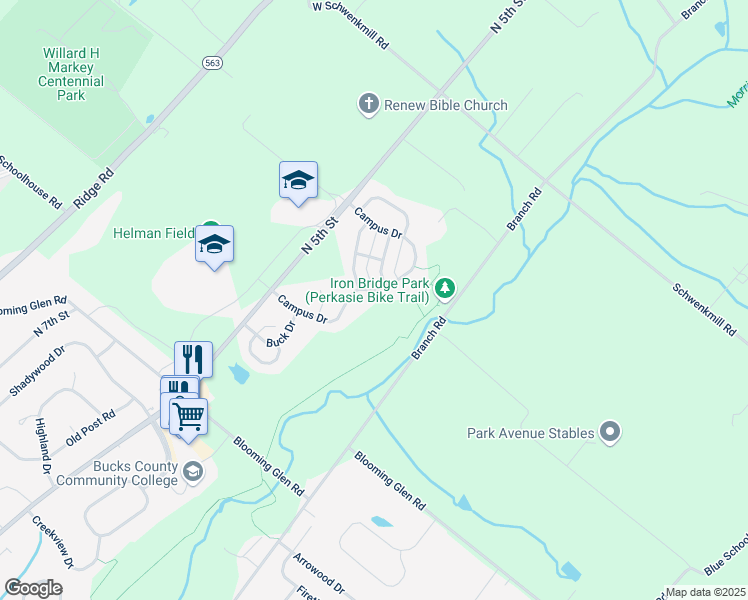 map of restaurants, bars, coffee shops, grocery stores, and more near 44 Bryant Drive in Perkasie