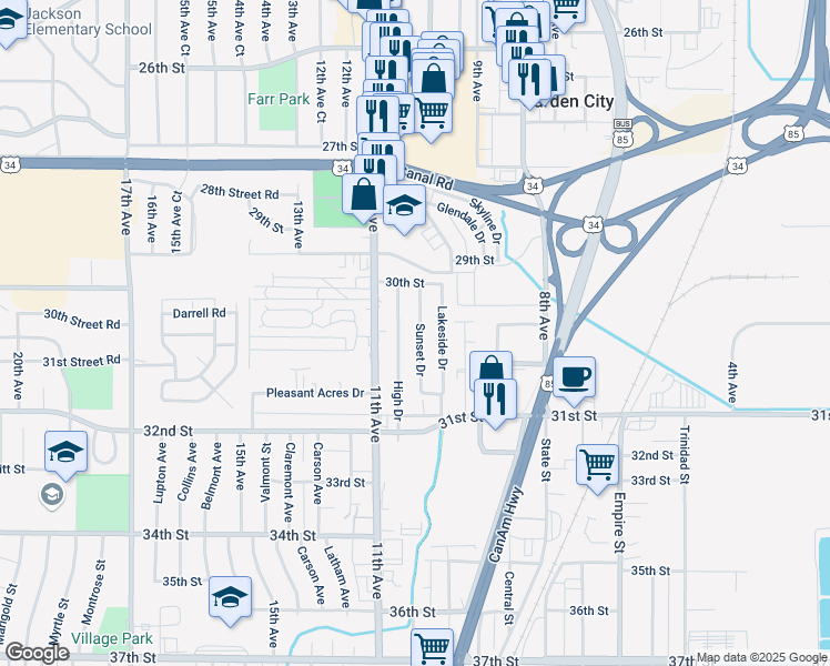 map of restaurants, bars, coffee shops, grocery stores, and more near 3009 Sunset Drive in Evans