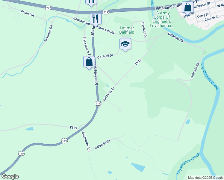 map of restaurants, bars, coffee shops, grocery stores, and more near 356 Archway Drive in New Alexandria