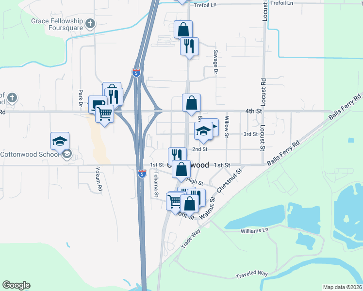 map of restaurants, bars, coffee shops, grocery stores, and more near 3416 Main Street in Cottonwood