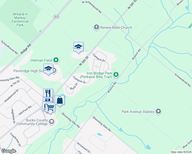 map of restaurants, bars, coffee shops, grocery stores, and more near 160 Sunnyside Lane in Perkasie
