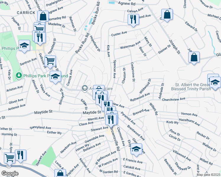 map of restaurants, bars, coffee shops, grocery stores, and more near 145 Spencer Avenue in Pittsburgh
