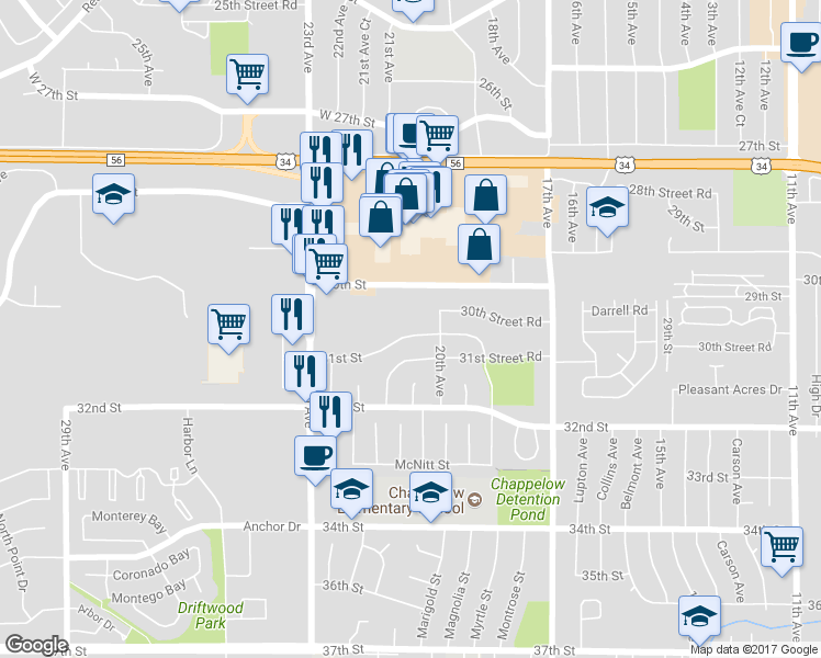 map of restaurants, bars, coffee shops, grocery stores, and more near 2019 31st Street in Greeley