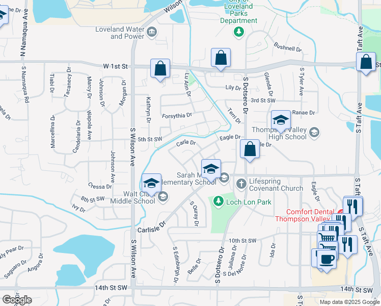 map of restaurants, bars, coffee shops, grocery stores, and more near 2442 Dawn Court in Loveland