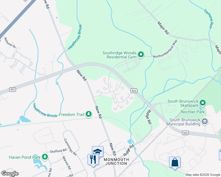 map of restaurants, bars, coffee shops, grocery stores, and more near 20 Bard Drive North in South Brunswick Township