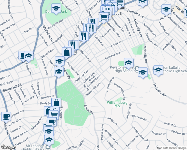 map of restaurants, bars, coffee shops, grocery stores, and more near 3211 Latonia Avenue in Pittsburgh